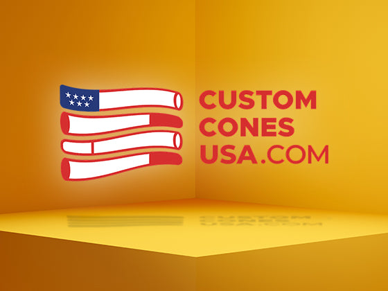 Custom Cones USA logo with American flag design on a yellow background