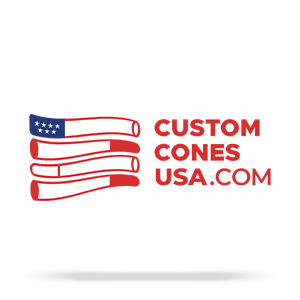 Logo for Custom Cones USA with text and flag cone illustrations on transparent bac
kground
