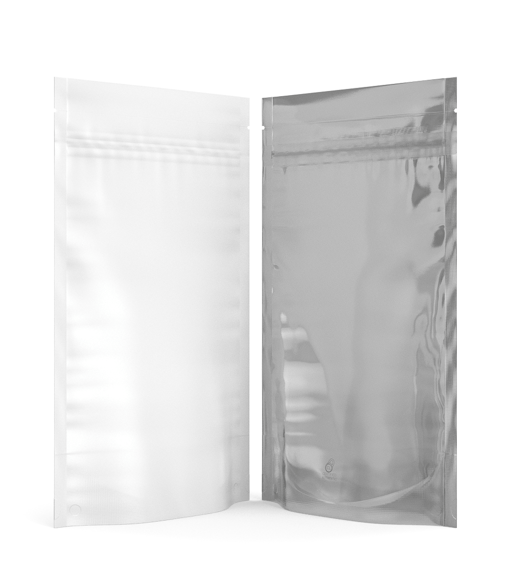 Matte - White 5" x 8.1" Mylar Vista Tamper Evident Bags w/ Tear Notch (14 grams) 1000/Box - 3