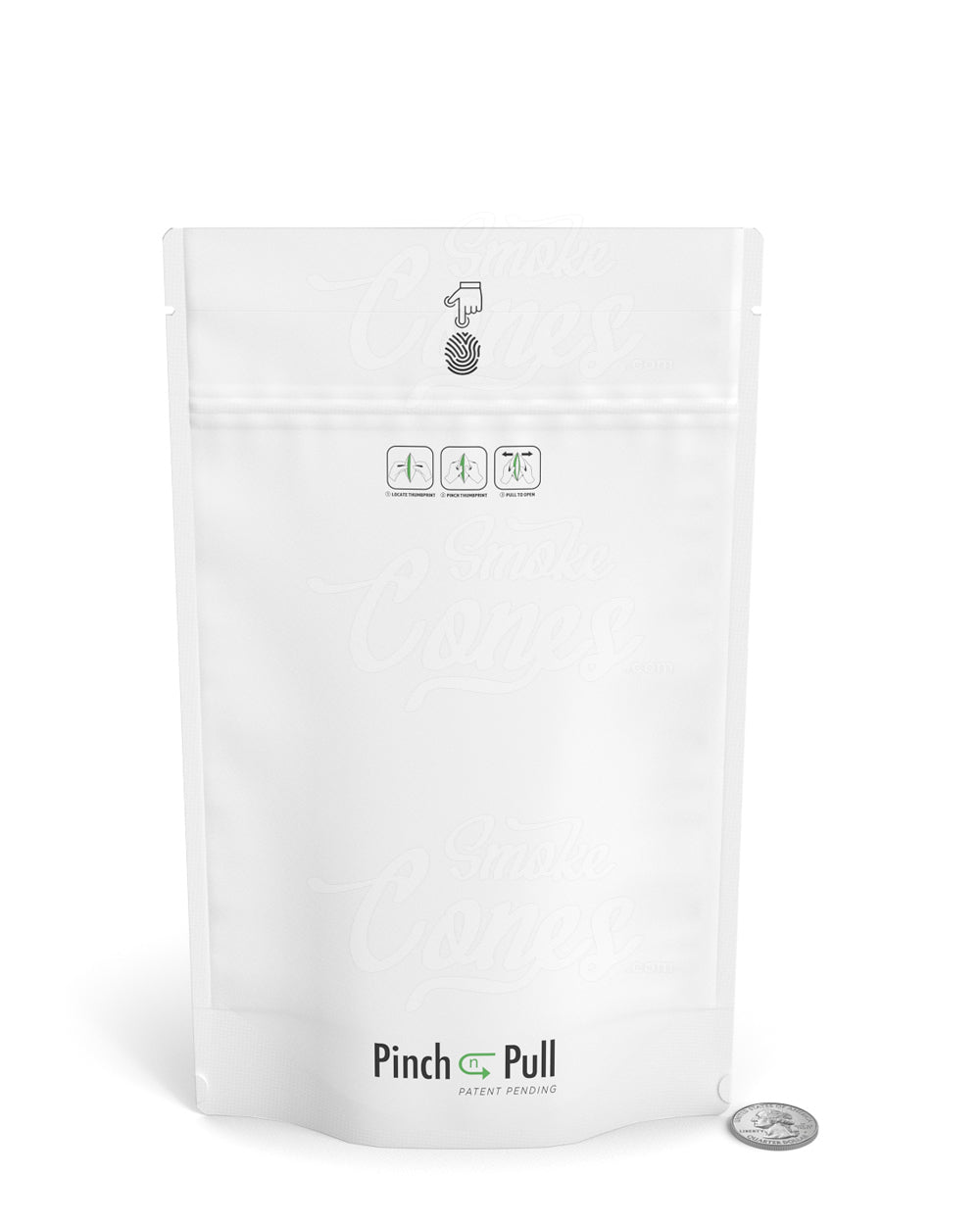 Matte-White 6" x 9.8" Mylar Pinch N Pull Child Resistant & Tamper Evident Bags (28 gram) 250/Box