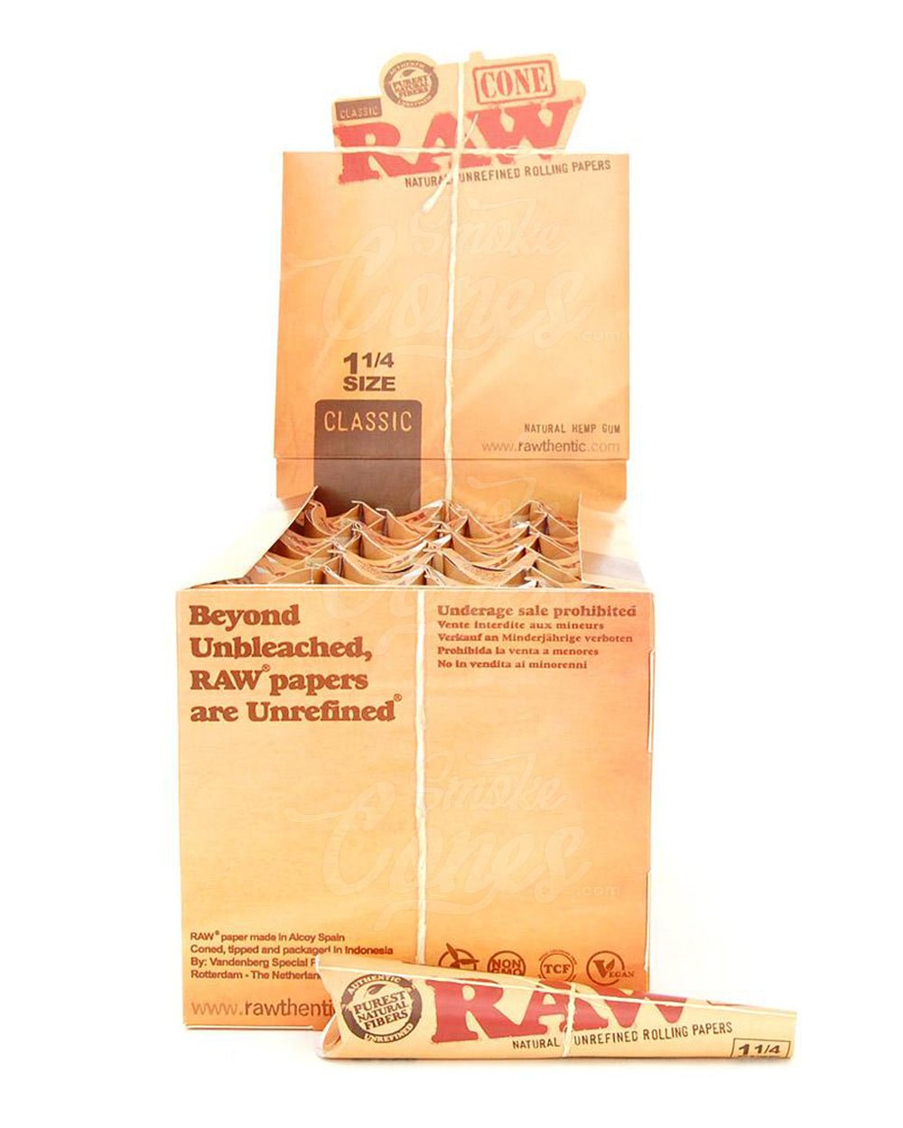 RAW 83mm Classic 1 1/4 Sized Pre Rolled Hemp Paper Cones 192/Box - 1