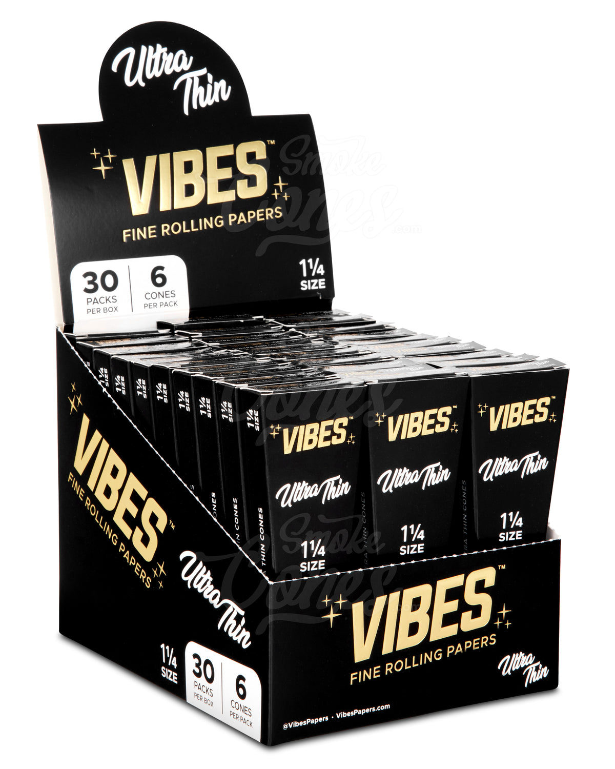 Vibes 84mm 1 1/4 Sized Pre Rolled Ultra Thin Unbleached Paper Cones 30/Box