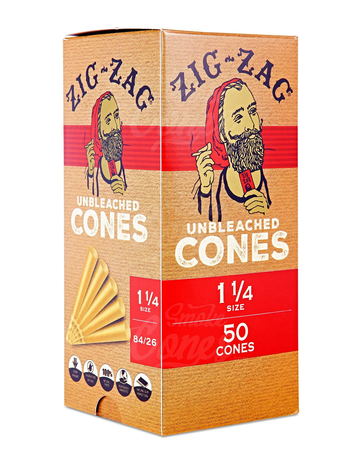 Zig Zag 84mm 1 1/4 Sized Cones Pre Rolled Unbleached Paper Cones 50/Box - 1