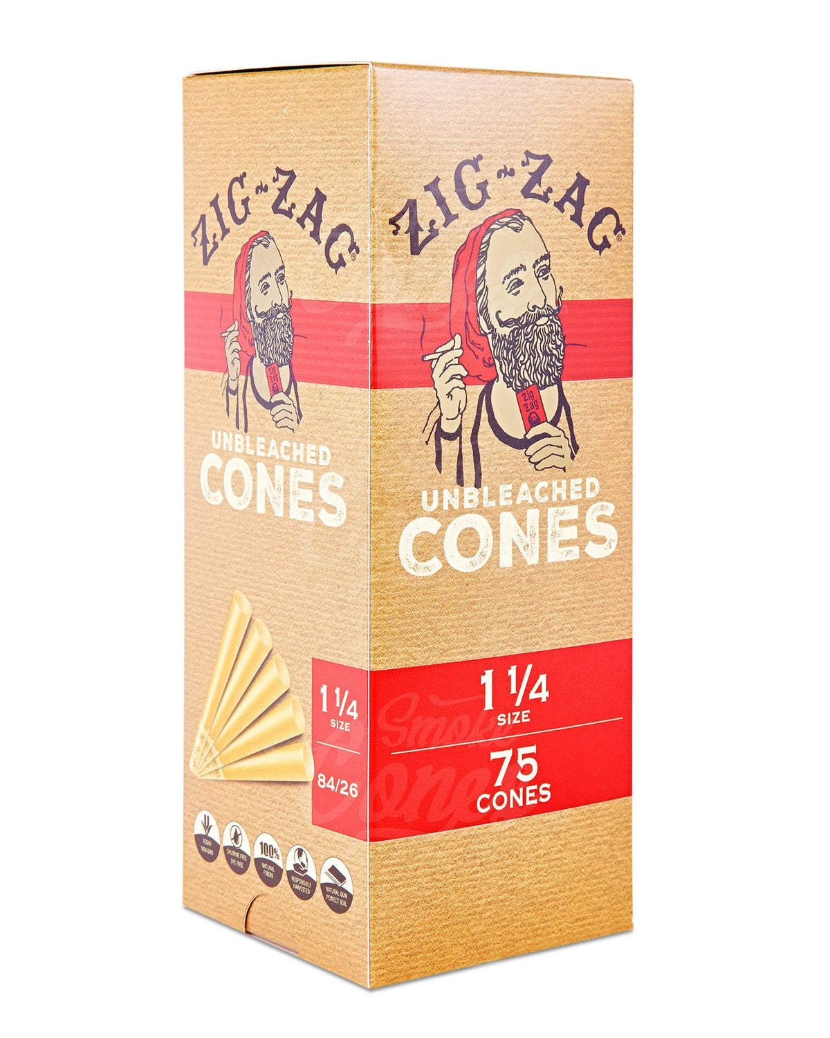 Zig Zag 84mm 1 1/4 Sized Pre Rolled Unbleached Paper Cones 75/Box - 1