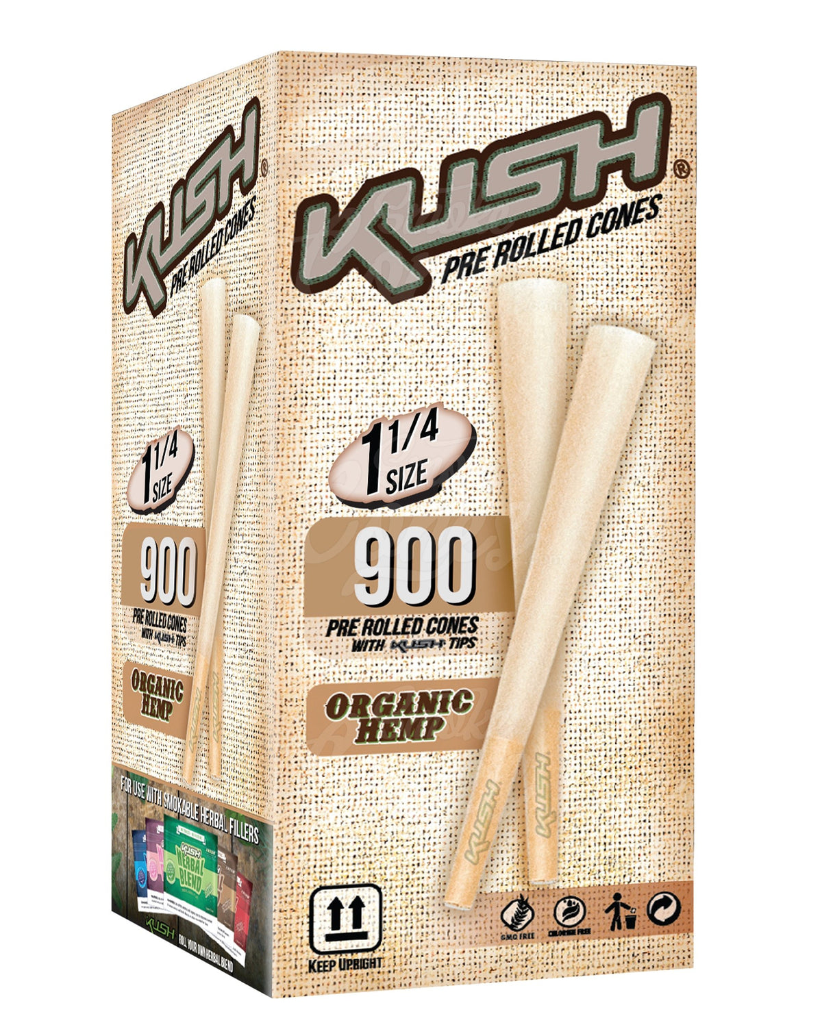 Kush 1 1-4 Size Organic Hemp Pre Rolled Cones w/ Filter Tip 900/Box - 1