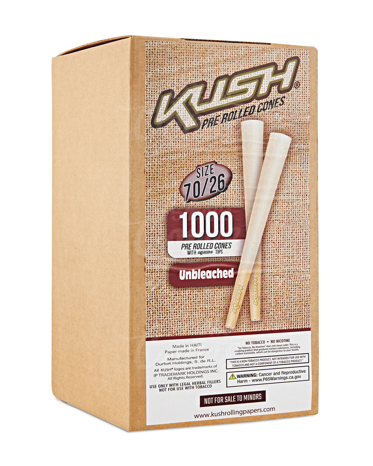 Kush 70mm Dogwalker Size Unbleached Brown Pre Rolled Cones w/ Filter Tip 1000/Box