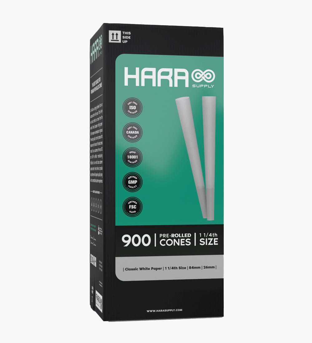 Hara Supply 84mm 1 1/4 Size Bleached White Pre Rolled Cones w/ Filter Tip 900/Box - 1