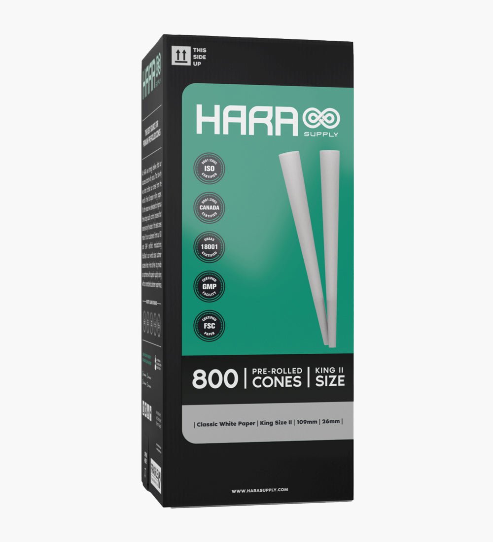 Hara Supply 109mm King Size Bleached White Pre Rolled Cones w/ Filter Tip 800/Box - 1